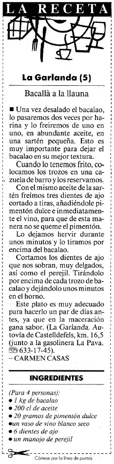 Recepta de bacall� a 'la llauna' del restaurant 'La Garlanda' de Gav� Mar publicada al diari LA VANGUARDIA (7 Abril 1999)